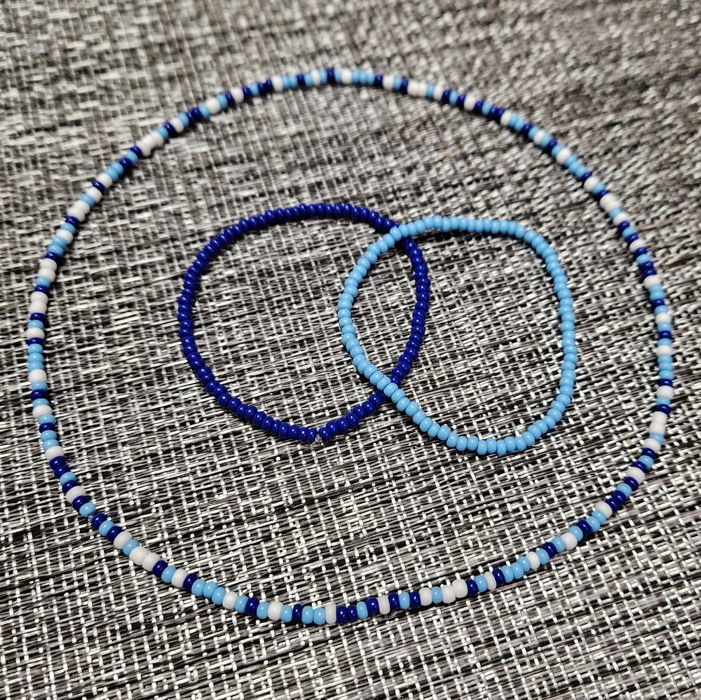 Glass Czech Bead Stretch Necklace & 2 Bracelet Set, Dark/Light Blue, and White